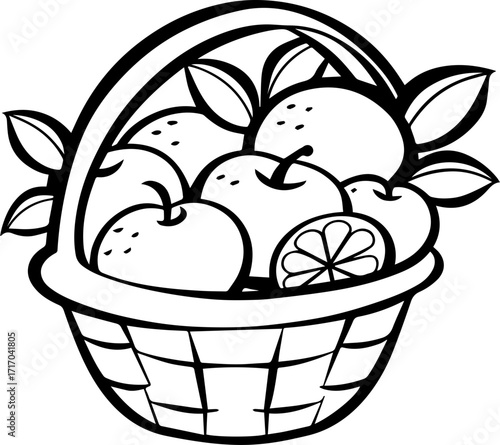 Vector drawing of a fruit basket, SVG with clean lines.Fresh Fruit Basket with Apples and Citrus for Illustration
