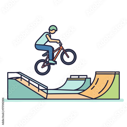 BMX rider performing a trick on a ramp in a skatepark.