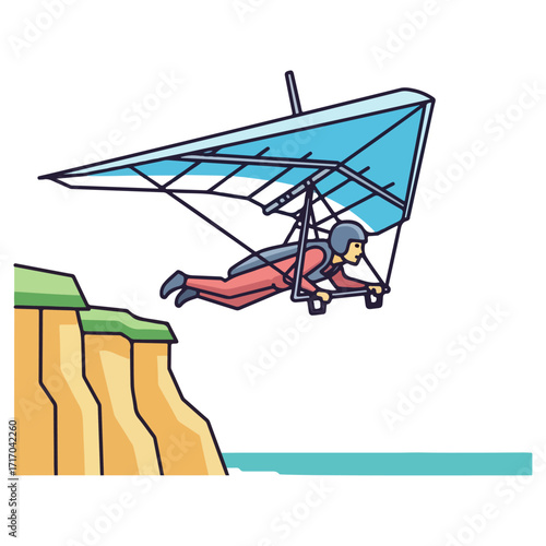 Hang glider soaring over the cliffside towards the ocean.