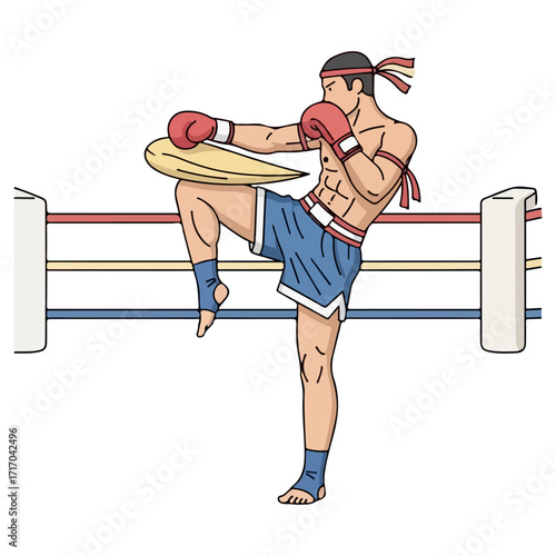 Muay Thai Fighter Kicking in the Ring, Focused and Ready.