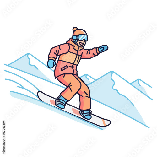 Snowboarder carving down a snowy mountain slope with winter gear.