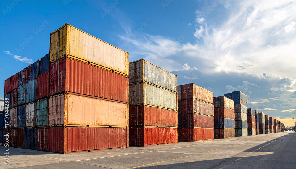 Fototapeta premium Stacked shipping containers in logistic warehouse yard
