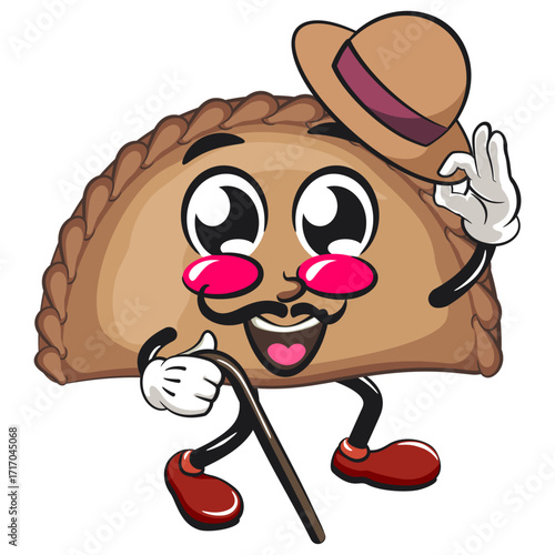 cute empanada mascot character vector illustration carrying a stick and saluting with raised hat, work of hand drawn