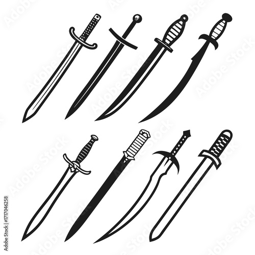 Assortment of Seven Different Sword Styles in Black Outline