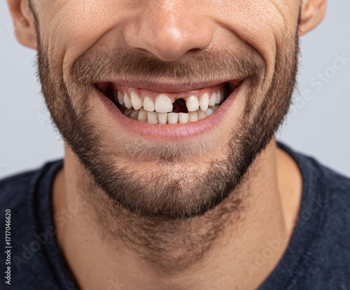 A close-up shot captures a smiling person with a noticeable missing tooth. The image focuses on the person's open smile, showcasing the gap in their teeth