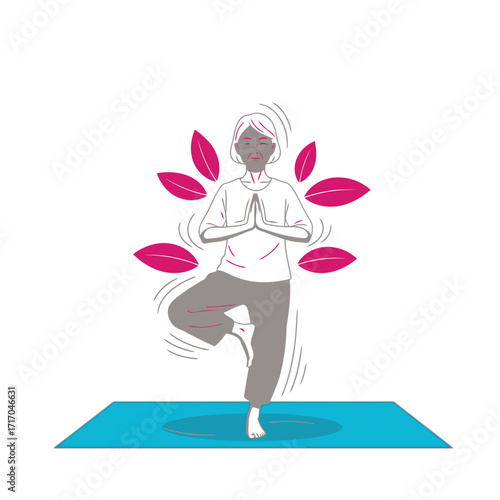 Vector art of elderly woman doing tree pose on yoga mat