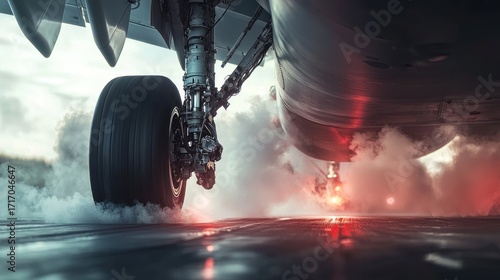 Airplane Landing Gear Close Up: Powerful and Dramatic Image of an Airplane's Landing Gear Touching Down on a Runway, with Smoke and Red Lights Reflecting the Intense Atmosphere of the Landing Process.