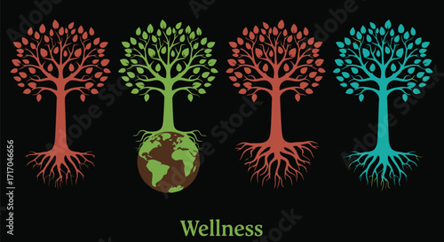 Vector art of four trees with roots, one on the earth, symbolizing wellness
