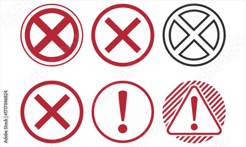 Collection of red warning and prohibition symbols including exclamation marks and crosses