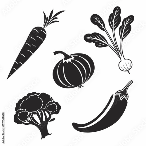 Black Silhouette Vegetables Including Pumpkin on White Keywords: carrot, pumpkin, radish