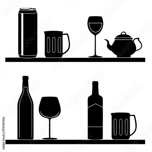 Black Silhouettes of Drinks and Teapot on Shelves beverage