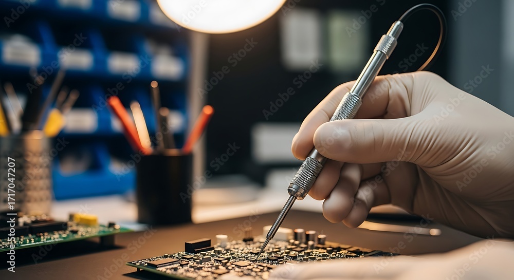 Obraz premium Close-up of a technician's gloved hands using a precision screwdriver to repair a circuit board under a bright lamp.