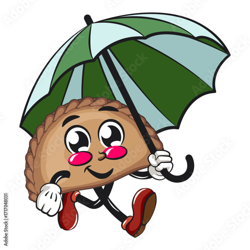 cute empanada mascot character vector illustration walking with an umbrella, work of hand drawn