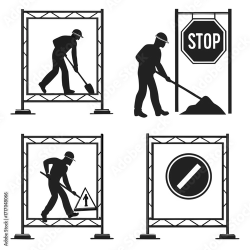 Construction worker silhouettes with safety signs and barriers Keywords: construction, worker