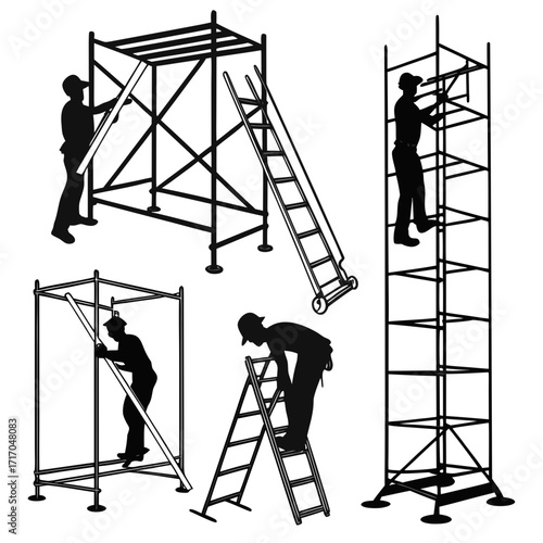 Construction workers assembling scaffolding and ladders silhouettes