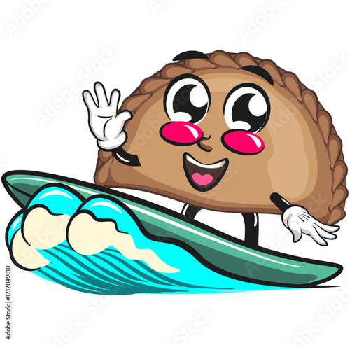 cute empanada mascot character vector illustration surfing happily, work of hand drawn
