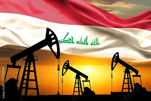 Silhouette of oil pump jacks against a vibrant sunset with the iraqi flag waving prominently above