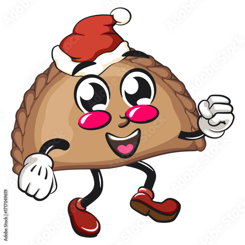 cute empanada mascot character vector illustration walking while wearing a santa hat, work of hand drawn