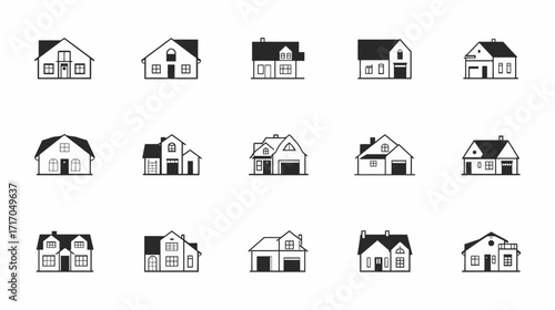 Black and White Line Art of Houses black and white vector icons representing various house, home, and building designs, perfect for real estate, property,
