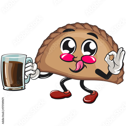 cute empanada mascot character vector illustration carrying a large glass of chocolate, work of hand drawn