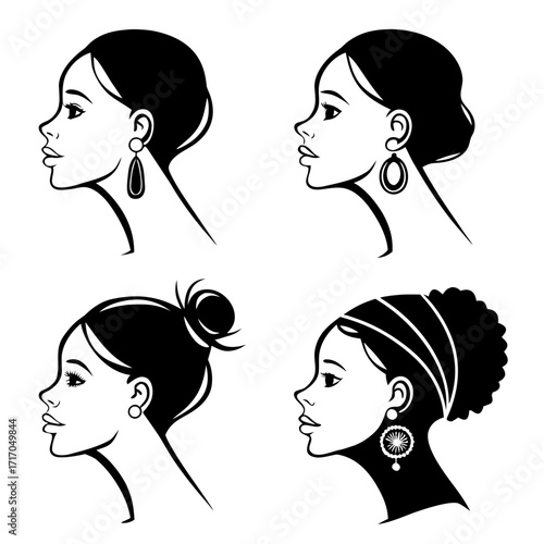 Four black and white line art profiles of women with different hairstyles and earrings