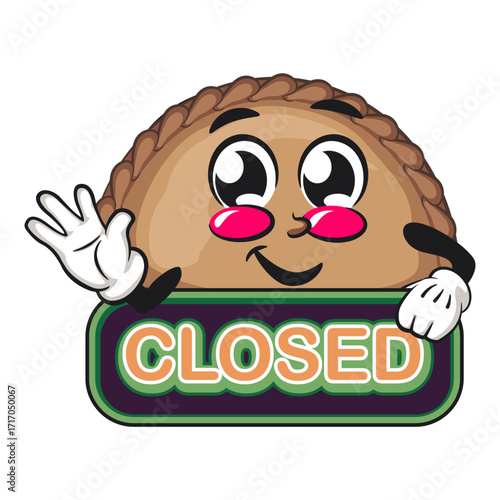 cute empanada mascot character vector illustration showing a sign that says closed while waving his hand, work of hand drawn
