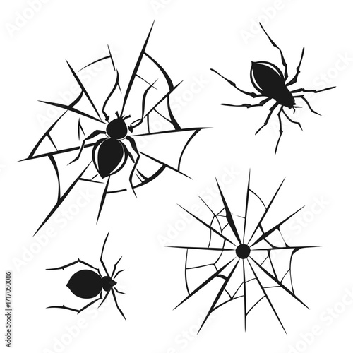 Four black spiders and webs on a white background spiderweb