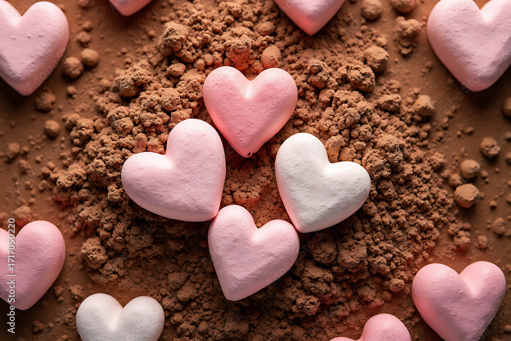Obraz premium Sweet Love: A Heartfelt Arrangement of Pink and White Marshmallows on Cocoa Powder Background
