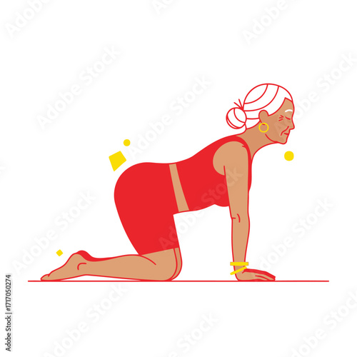 Vector art of elderly woman doing cow pose yoga