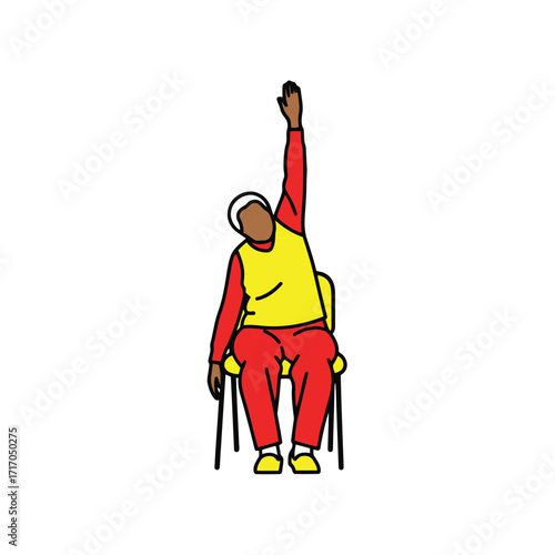 Vector art of elderly person stretching arm upwards while sitting