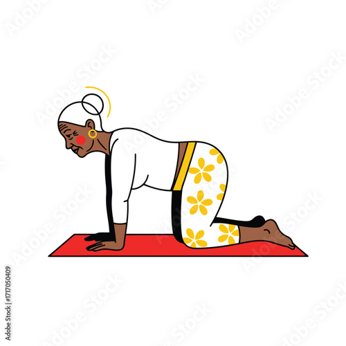 Vector art of elderly woman doing cat pose yoga on mat