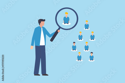Man with magnifying glass inspecting group of people for recruitment or selection