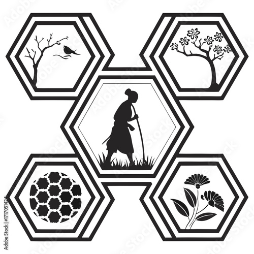 Hexagonal Icons of Seasons and Human Figure spring