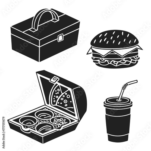 Icons of toolbox, burger, takeout box and drink cup