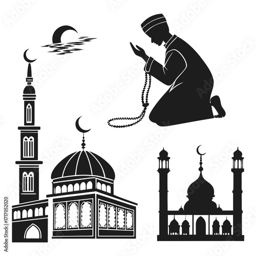 Islamic prayer and mosque silhouettes muslim