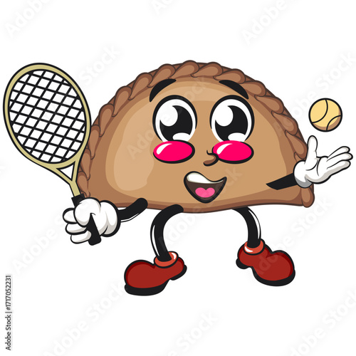 cute empanada mascot character vector illustration playing tennis, work of hand drawn