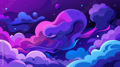 Illustration of a dreamy cloudscape in purple and pink