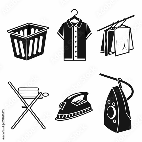 Laundry and Ironing Tools Silhouettes Keywords: laundry, ironing, clothes, basket, shirt