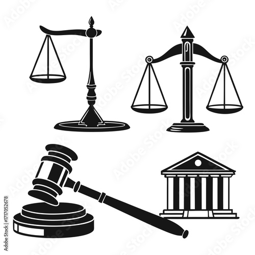 Legal Icons Scales Gavel and Courthouse Black Silhouette