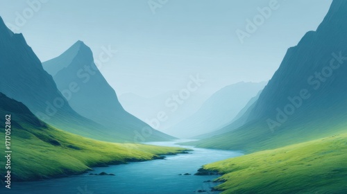 An ethereal and captivating scene of a serene river winding its way through a majestic mountain valley, conveying a sense of tranquility, peace, and the raw beauty of nature.