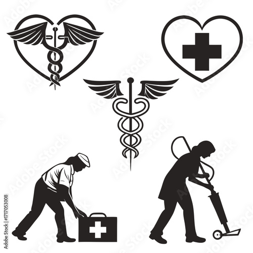 Medical Symbols And Healthcare Worker Silhouettes caduceus