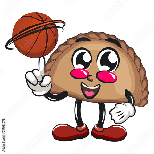 cute empanada mascot character vector illustration spin the basketball with the index finger, work of hand drawn