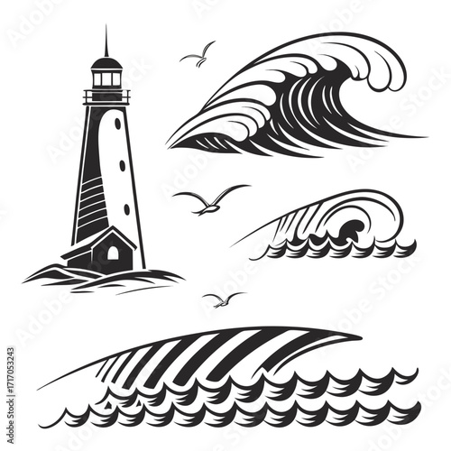 Nautical Lighthouse and Waves Silhouette Collection