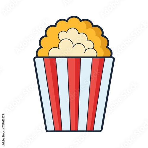 Classic red and white striped popcorn bucket filled with fluffy popcorn