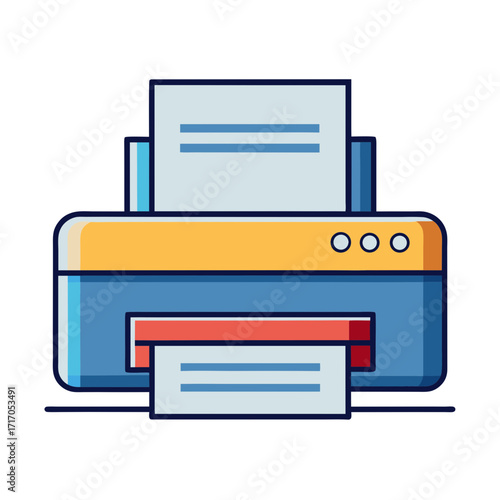 Modern flat icon of a blue and yellow printer with paper output and input