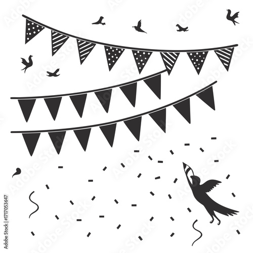 Party Bunting Flags with Birds and Confetti Silhouette