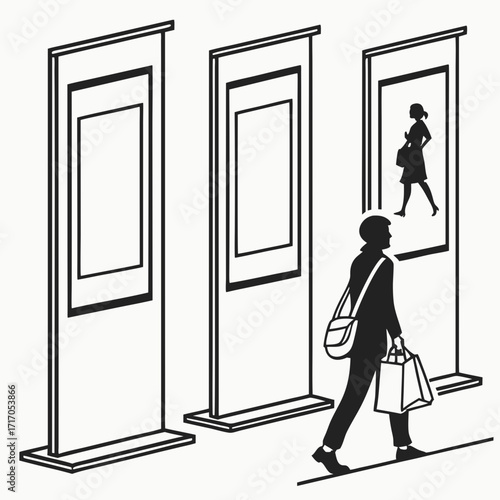 Person Walking Past Display Stands poster