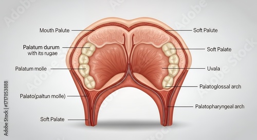 Detailed Anatomical Illustration of Human Oral Cavity with Labels for Dental and Palate Structures