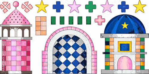 Collection of whimsical building elements and decorative shapes for creative design projects