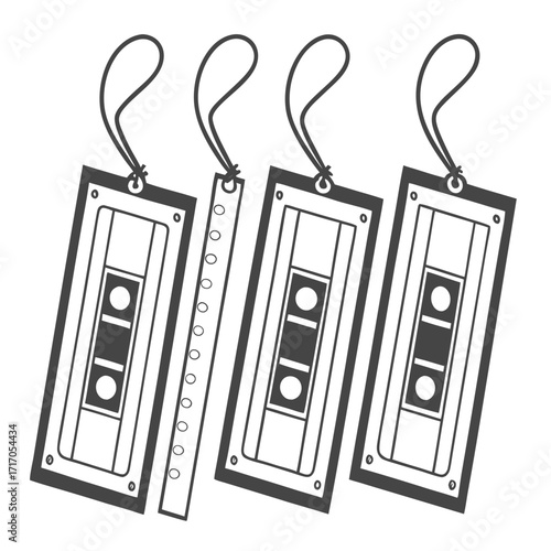 Retro Cassette Tape Tags With String On White Background
